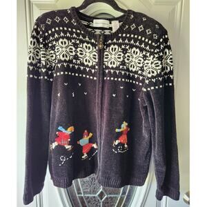 Alfred Dunner Black White Snowflake Skating Full Zip Sweater Size XL